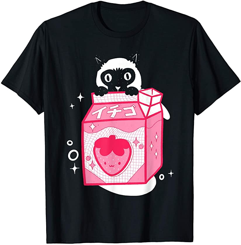 Peeking Kitten Cat Japanese Strawberry Milk Drink T-Shirt