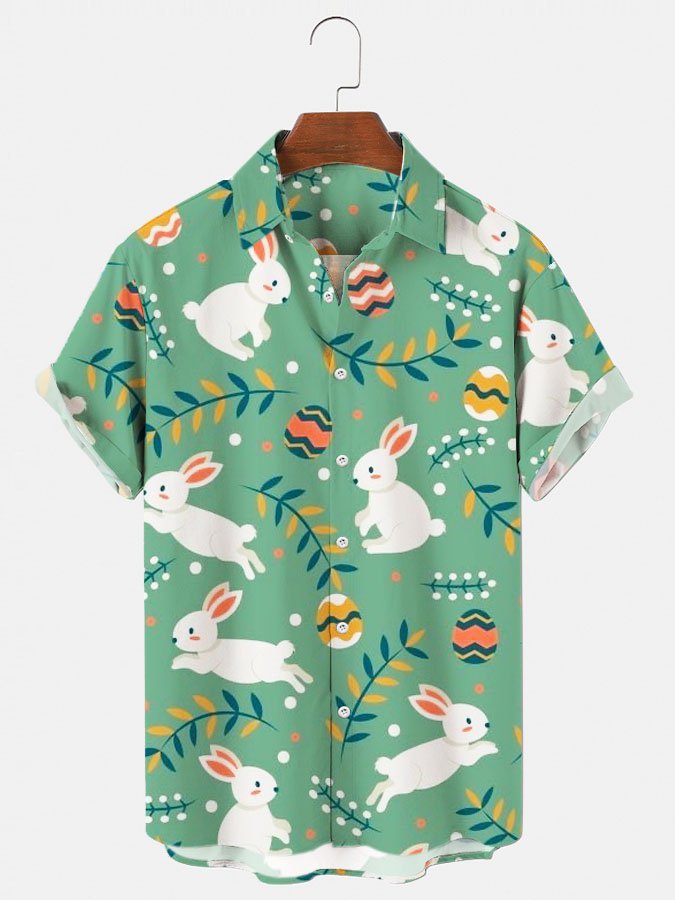 Mens Shirt Casual Button Up Short Sleeve Easter Eggs Green Rabbit Cotton-Blend Shirts & Tops