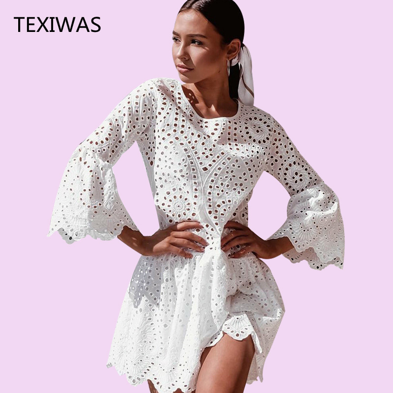 TEXIWAS Summer Dress Women Half Sleeve Ruffle Bodycon Loose Lace Dress New party Hollow Embroidery beach Dress Vestidos alx