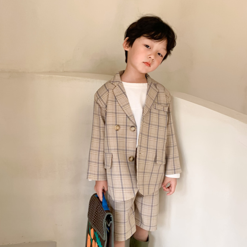 Spring Autumn fashion unisex suit clothes sets Boys and girls plaid suit and shorts 2pcs sets alx