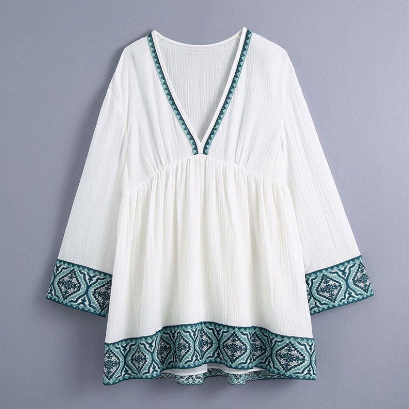 Women White Dress Summer Casual Loose Embroidered Cotton Mini Dresses Ladies Boho Sexy Deep V-neck Beach Dress Vestidos alx