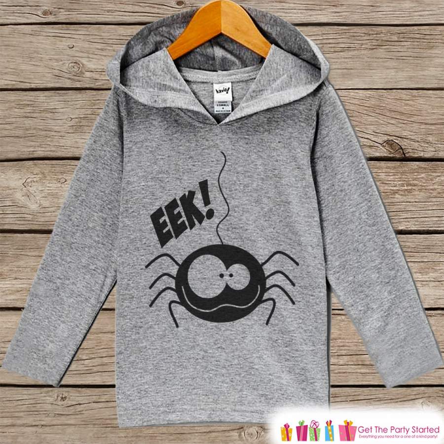 Kids Halloween Shirts - Eeek! Spider Hoodie - Girl or Boys Halloween Grey Pullover - Funny Kids Halloween Hoodie - Happy Halloween Costume