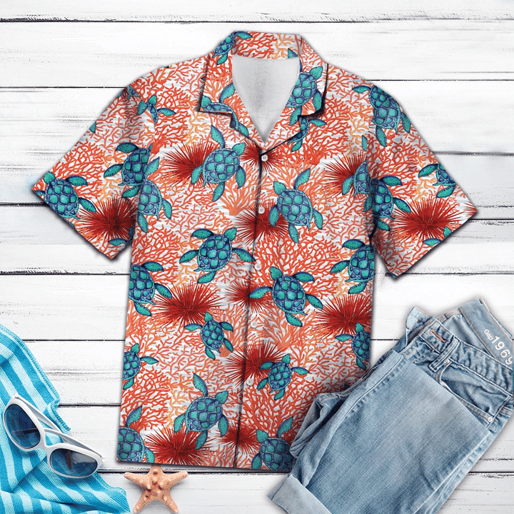 Hand Drawn Blue Turtle Coral Reef Pattern Hawaii Shirt Ha67659