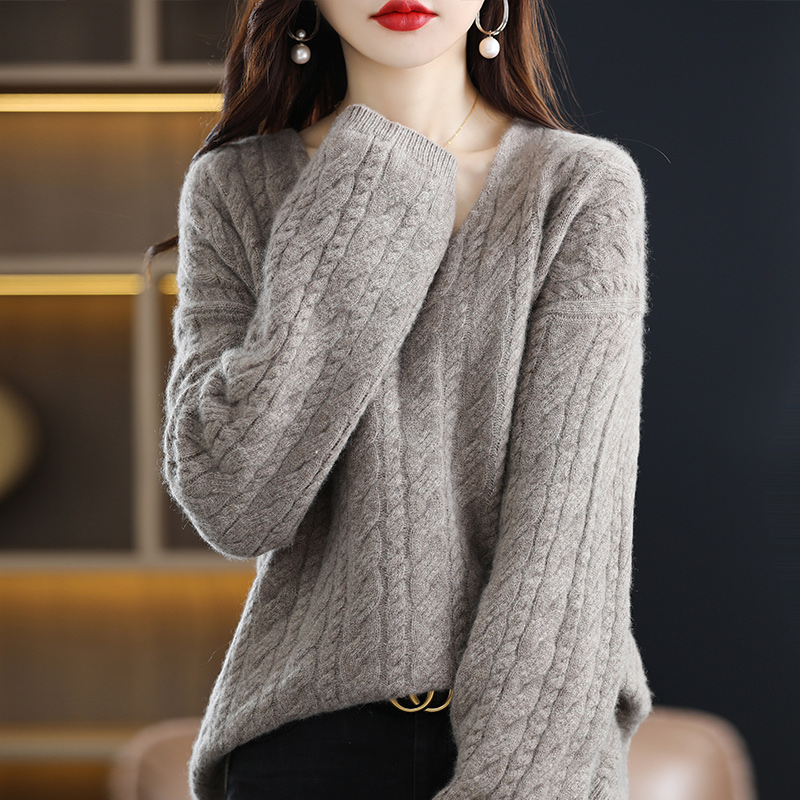 V-Neck Cashmere Sweater Women’s Twist Wool Sweater Knitted Wool Korean Style Loose And Lazy Casual Bottoming Shirt Coat alx