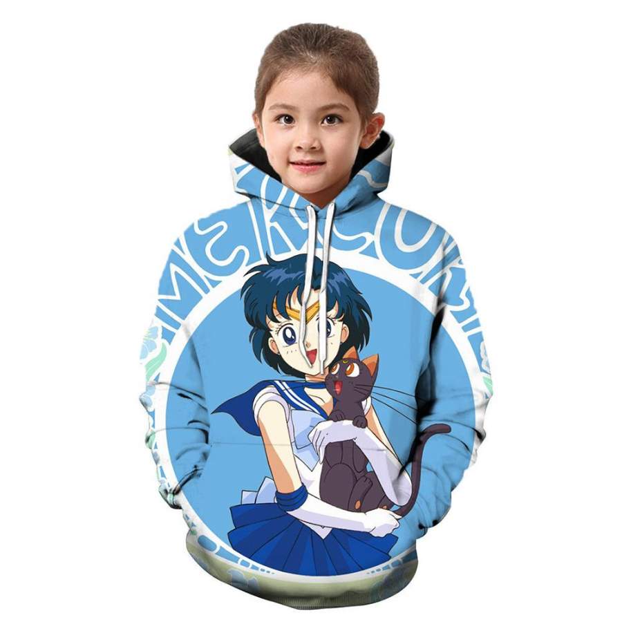 2019 Sailor Moon Kids 3D Hoodie Pullover Sweatshirt Fleece DecSer Mercury Cat