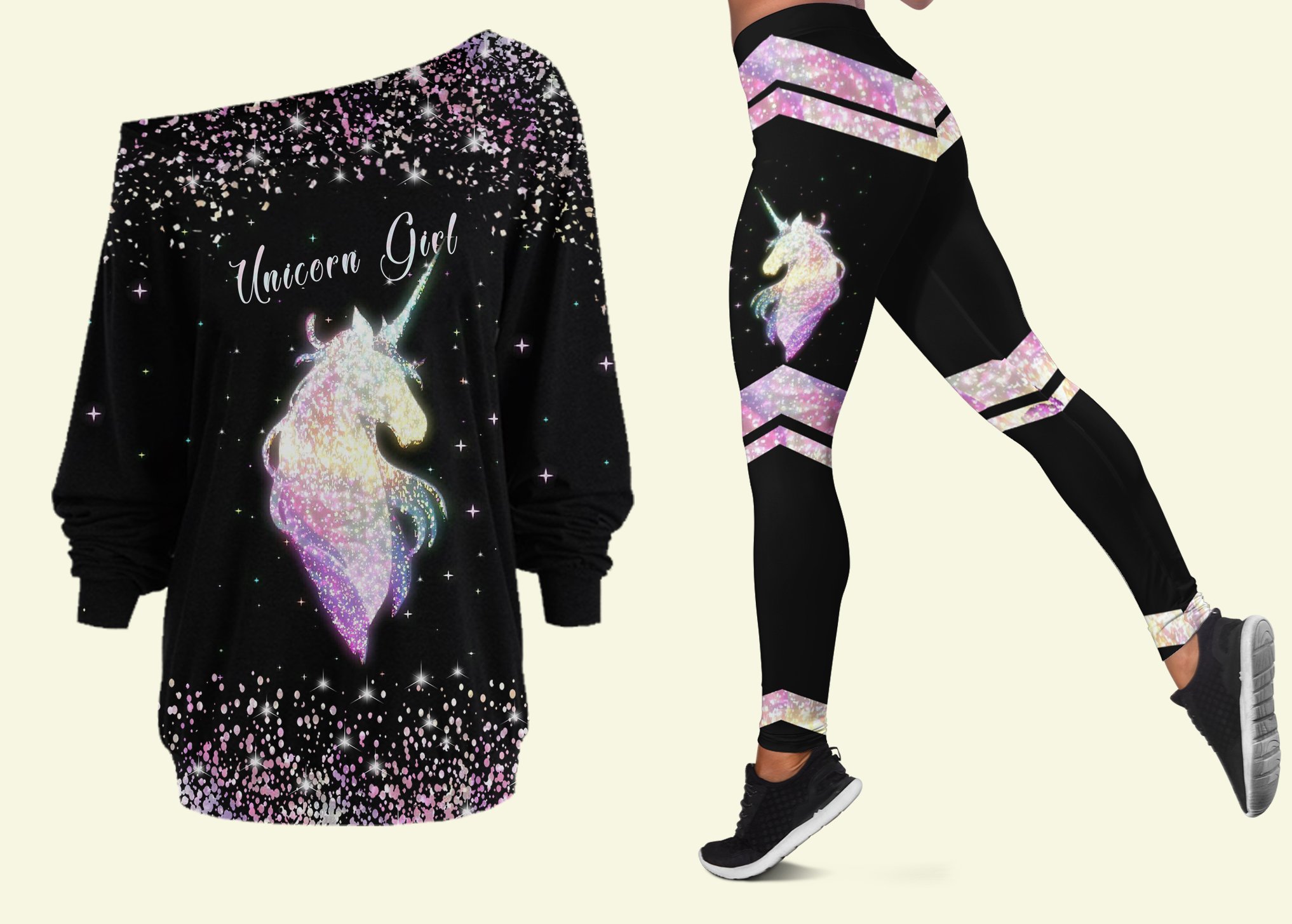 Unicorn Girl Off Shoulder Shirt & Leggings Set