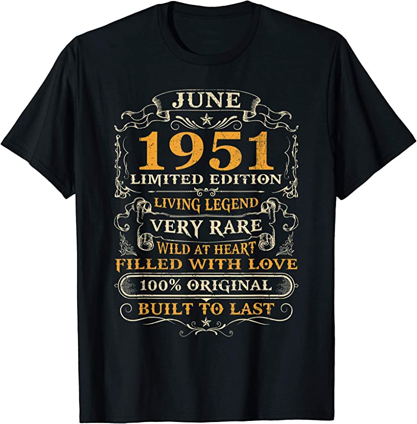 70th Birthday Gift 70 Years Old Retro Vintage June 1951 T-Shirt