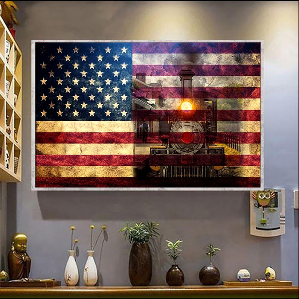 Train America Flag Poster Vintage Patriotic Wall Art Home Decor Gift For Train Lover Ideas