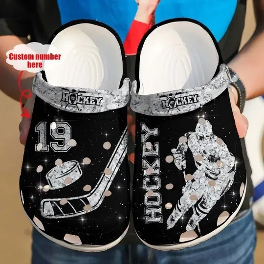 Hockey Diamond Black Personalize Clog Custom Crocss Clog Number On Sandal Fashion Style Comfortable For Women Men Kid