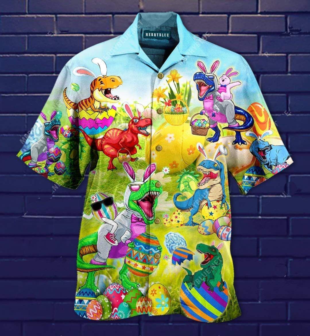 Get Here Funny Dinosaur Happy Easter Green Hawaii Aloha Shirts Ha93603