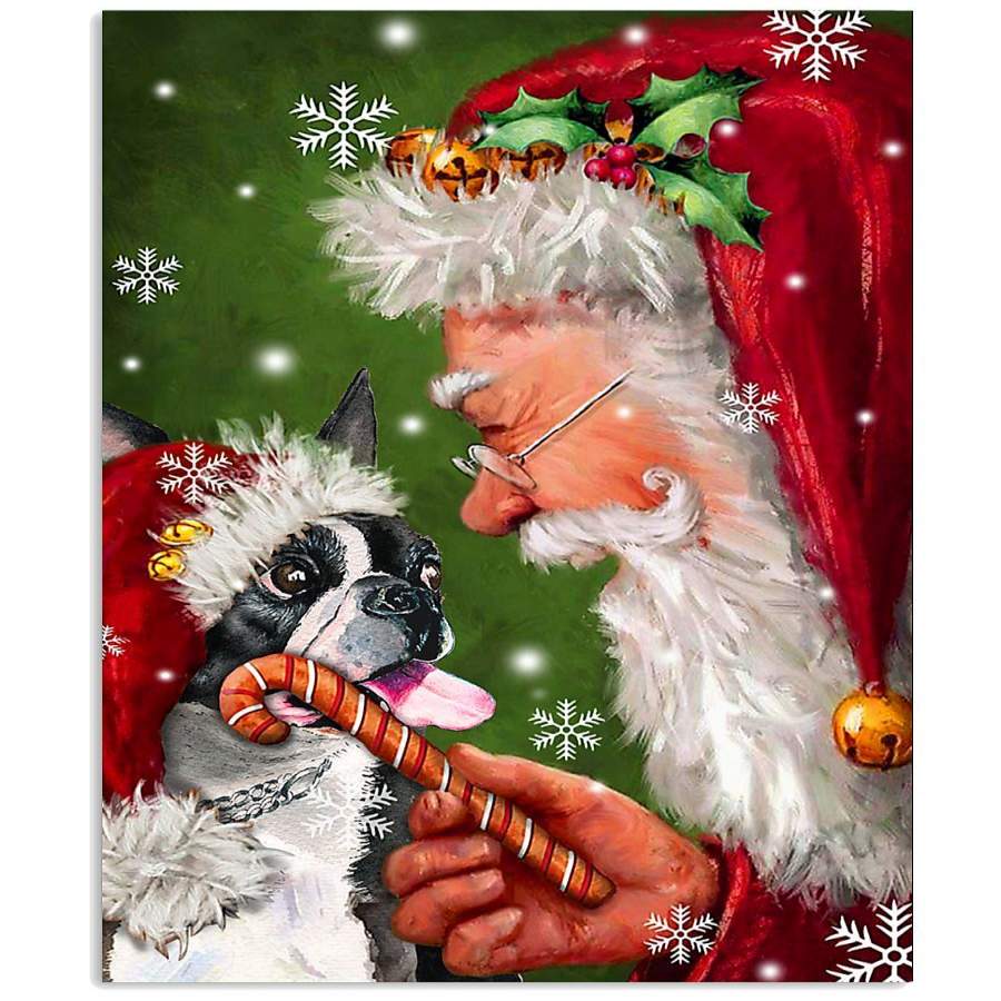 Boston Terrier Puppy Smile With Santa Claus Christmas Gift Vertical Poster