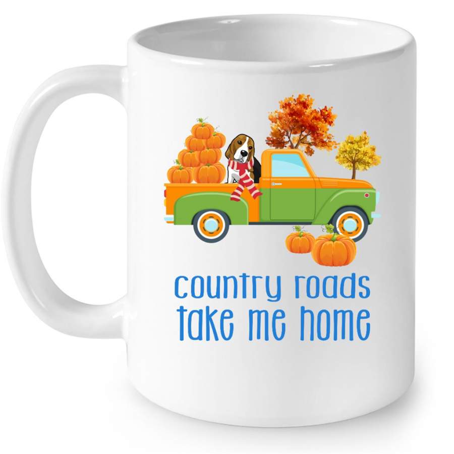 Country Roads Take Me Home Beagle Dog Fall Season Vintage Car Pumpkin – Full-Wrap Coffee White Mug