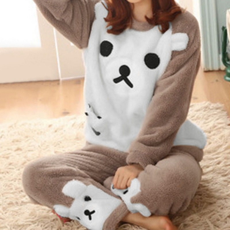 Women’s Autumn Winter Warm Flannel Women Pyjamas Sets Thick Coral Velvet Long Sleeve Cartoon Sleepwear Thin Flannel Pajamas Set alx