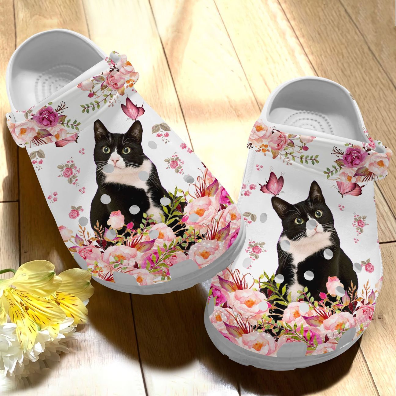 Cat Personalized Clog, Custom Name, Text Tuxedo Cat Floral, Fashion Style For Women, Men, Kid, Print 3D