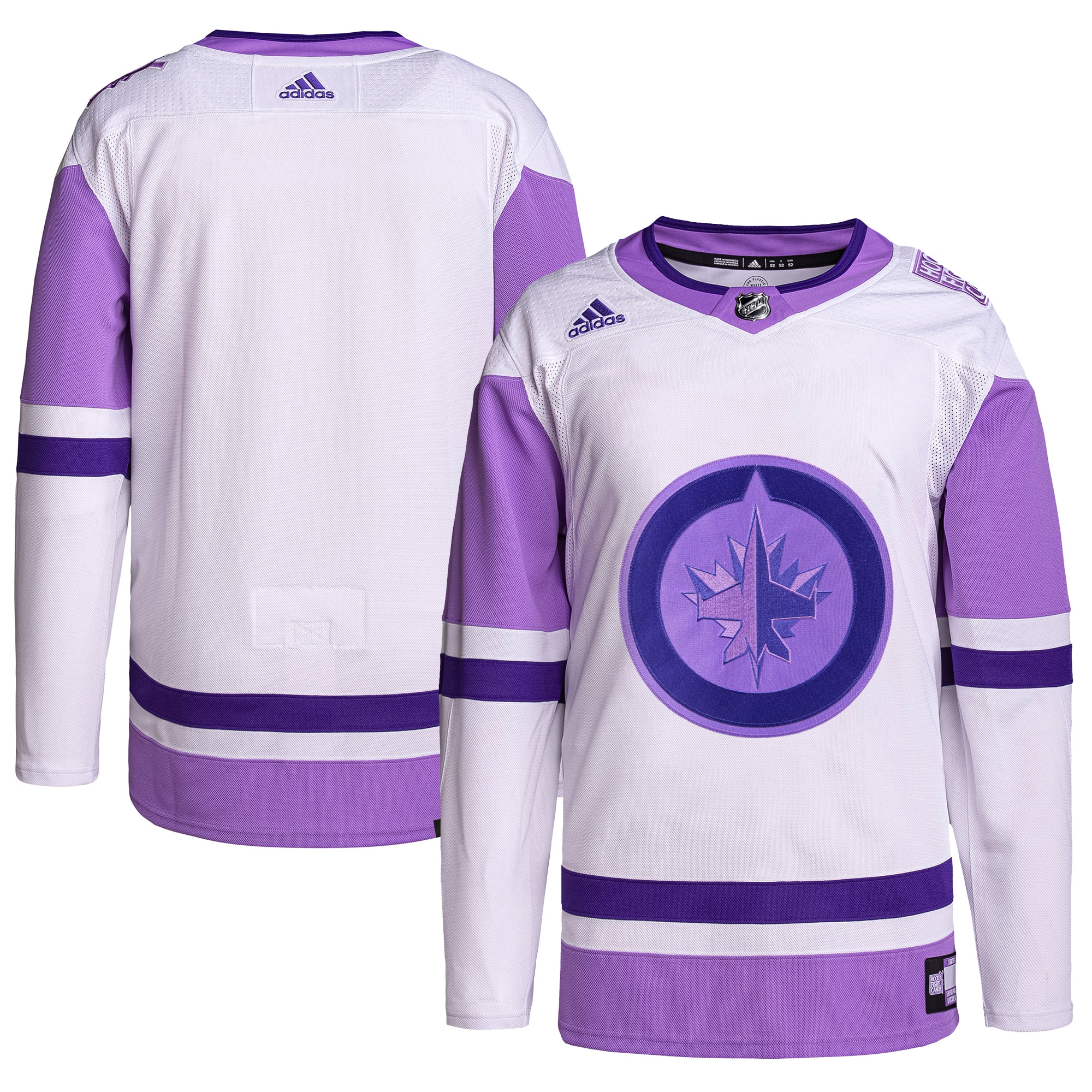 Men's Winnipeg Jets adidas White/Purple Hockey Fights Cancer Primegreen Authentic Blank Practice Jersey