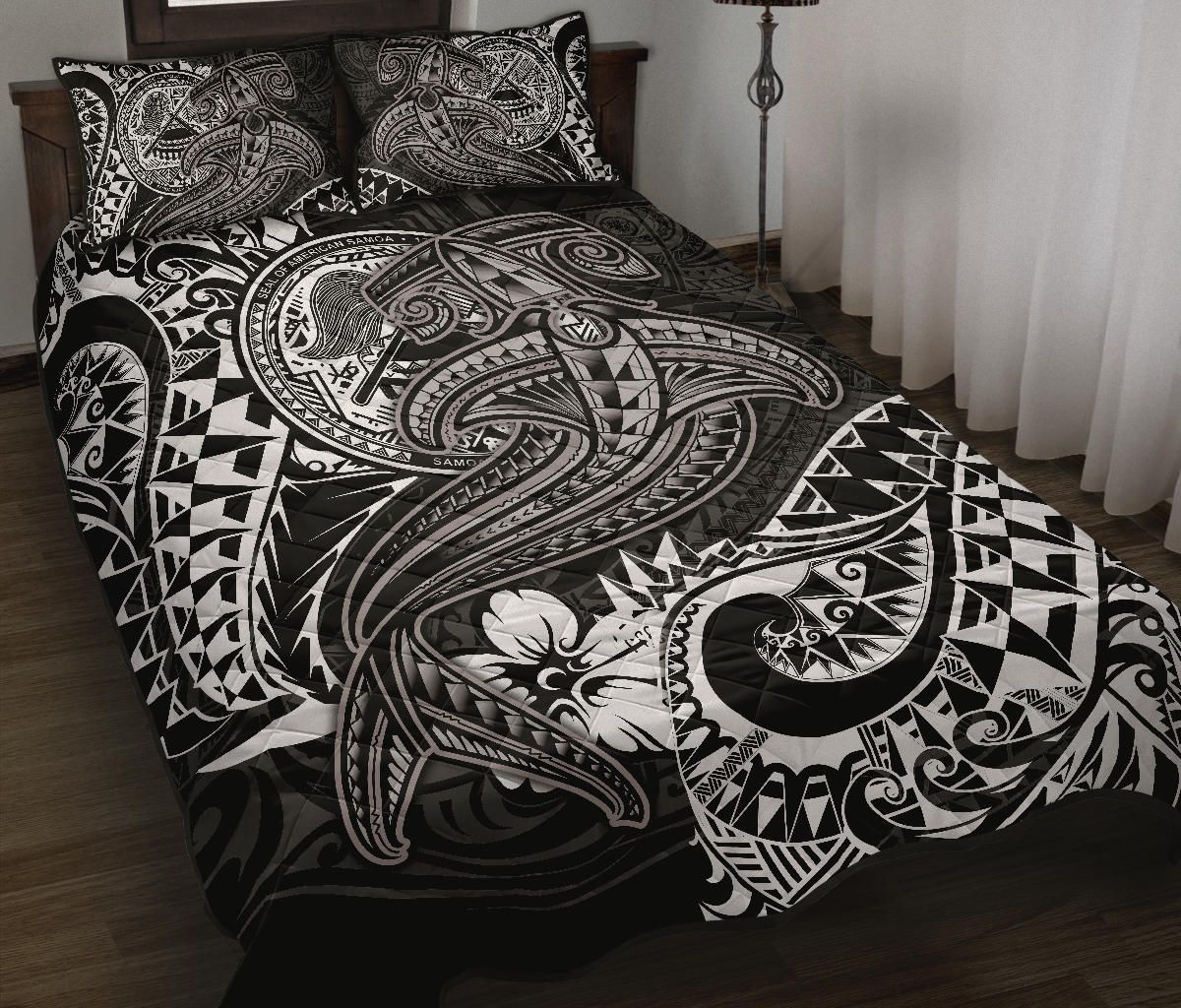 Alohawaii Home Set – Quilt Bed Set American Samoa – White Shark Polynesian Tattoo – Bn18