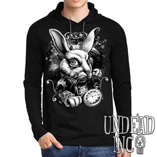 Alice In Wonderland White Rabbit Black & Grey – Mens Long Sleeve Hooded Shirt