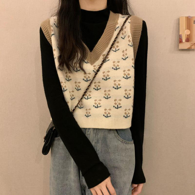 V-neck Sweater Vest Women Sleeveless Knitted Crop Tops Girls Patchwork Flowers Spring Simple Casual Sweaters Outer Vest alx