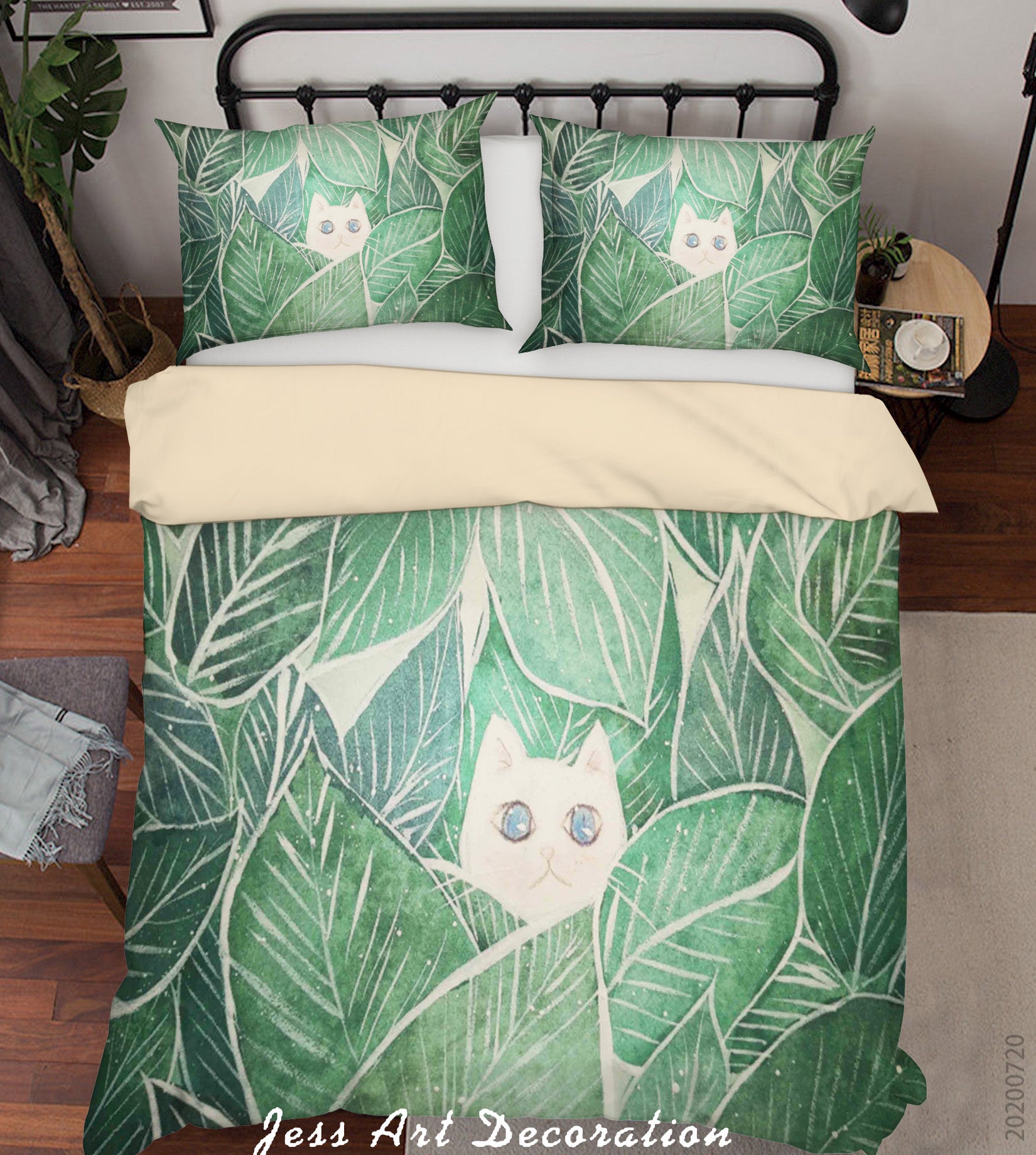 3D Hand Drawn Green Plant Leaves Cat Animal Quilt Cover Set Bedding Set Duvet Cover Pillowcases Lxl