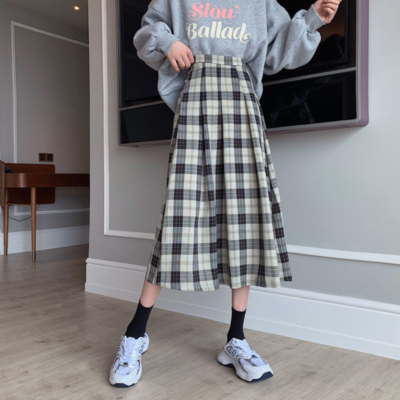 2021 Spring Summer Women Long skirt A-line Korean style Casual Plaid Fashion Loose All-match student Fashion female skirts alx