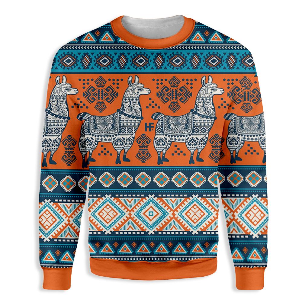 Unifinz Llama Christmas Sweater Llama Yoga Pattern Orange Blue Ugly Sweater 2022