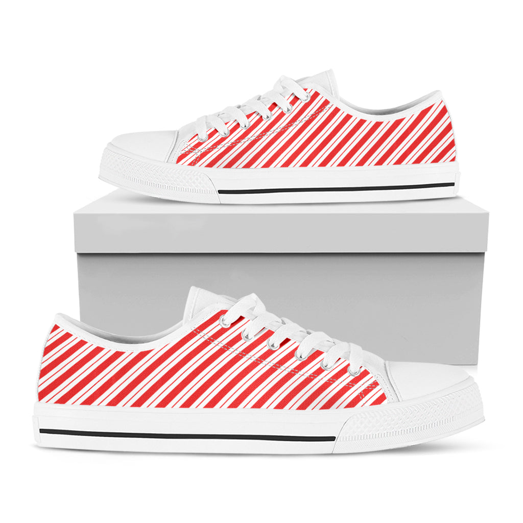 Red And White Candy Cane Stripes Print White Low Top Shoes