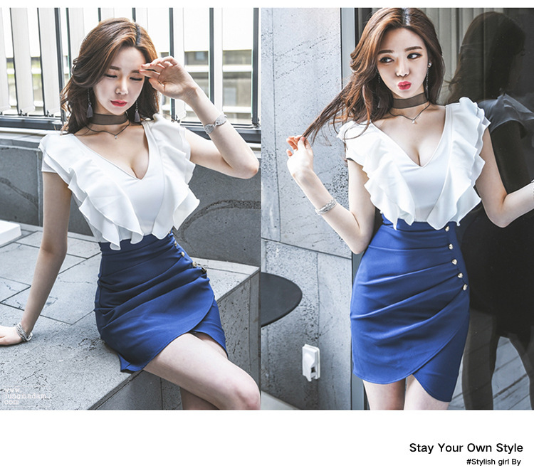 Summer 2022 Korean Sexy See version of Sleeveless dress women stitching lotus leaf edge V-neck irregular short Dresses alx