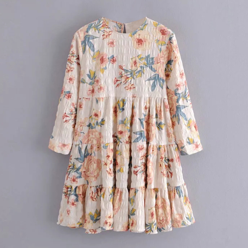 Women O Neck Floral Print Mini Dress 2021 Loose Long Sleeve Casual Dresses Female Spring Summer Vintage Dress Vestidos alx