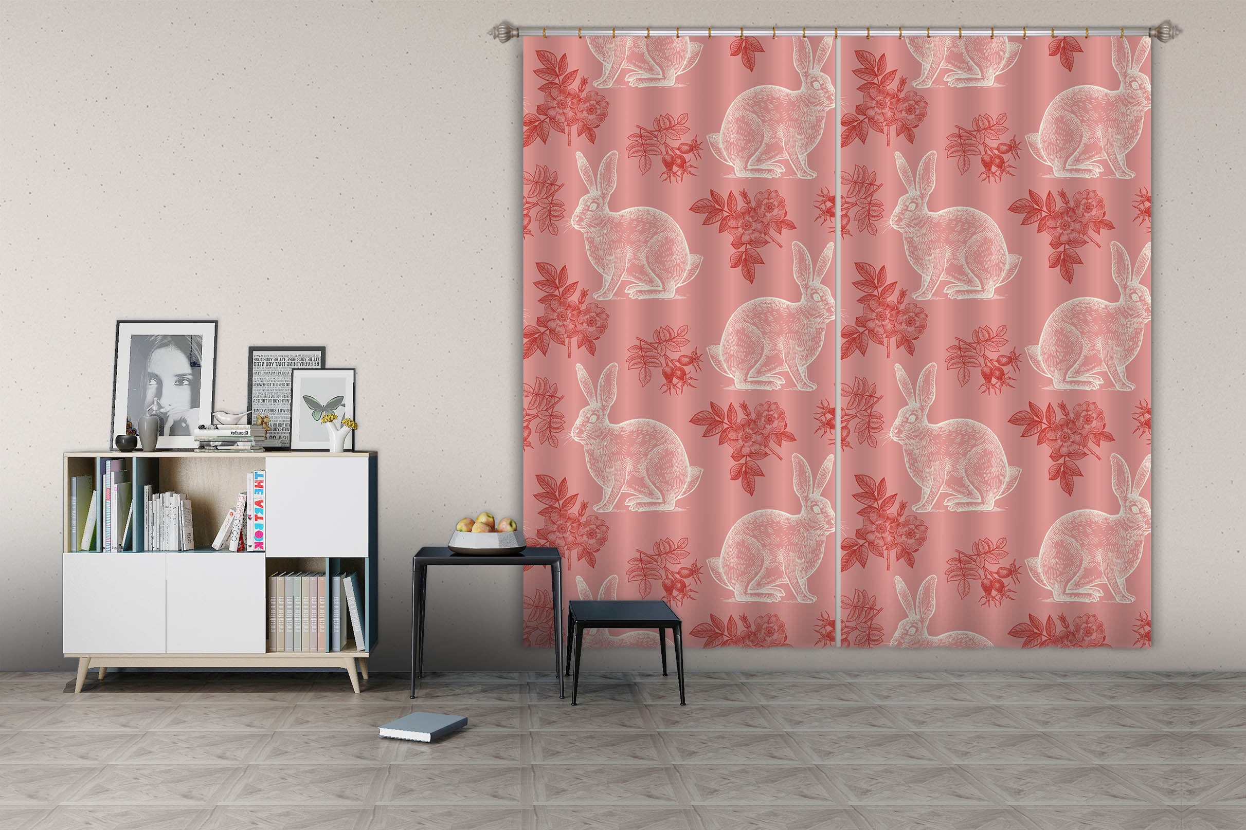 3D Pink Background Rabbit Curtains And Drapes 145