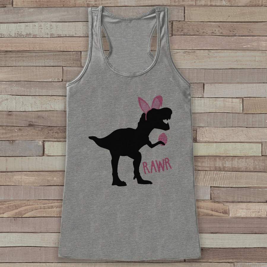 Womens Easter Shirt – Funny Easter Bunny Dinosaur Tank Top – Dino Bunny Ears – Womens Tank – Funny Happy Easter Outfit – Grey Tank Top