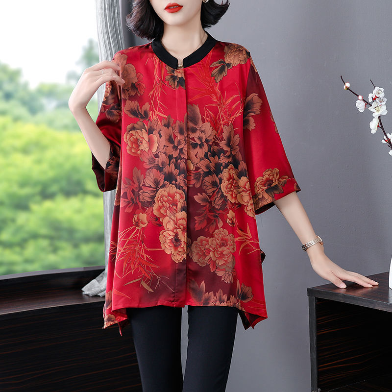 Summer Vintage Elegant Floral Printed Shirt Women’s Clothing All-match Fashion Chinese Style Loose Half Sleeve O-Neck Blouse alx