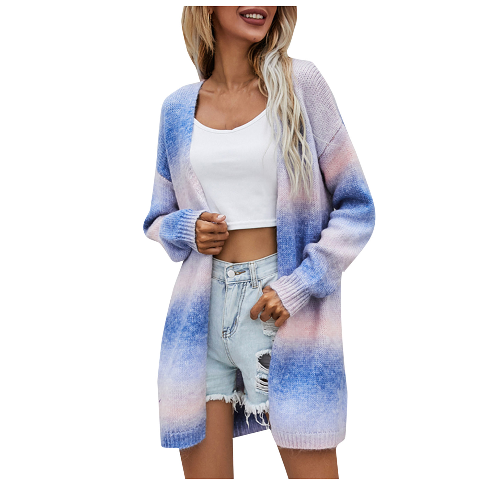 Autumn Vintage Cardigans Winter New Women’s Sweater 2021 Rainbow Tie-dye Mid-length Plus Size Cardigan Knitted Sweater Jacket A alx