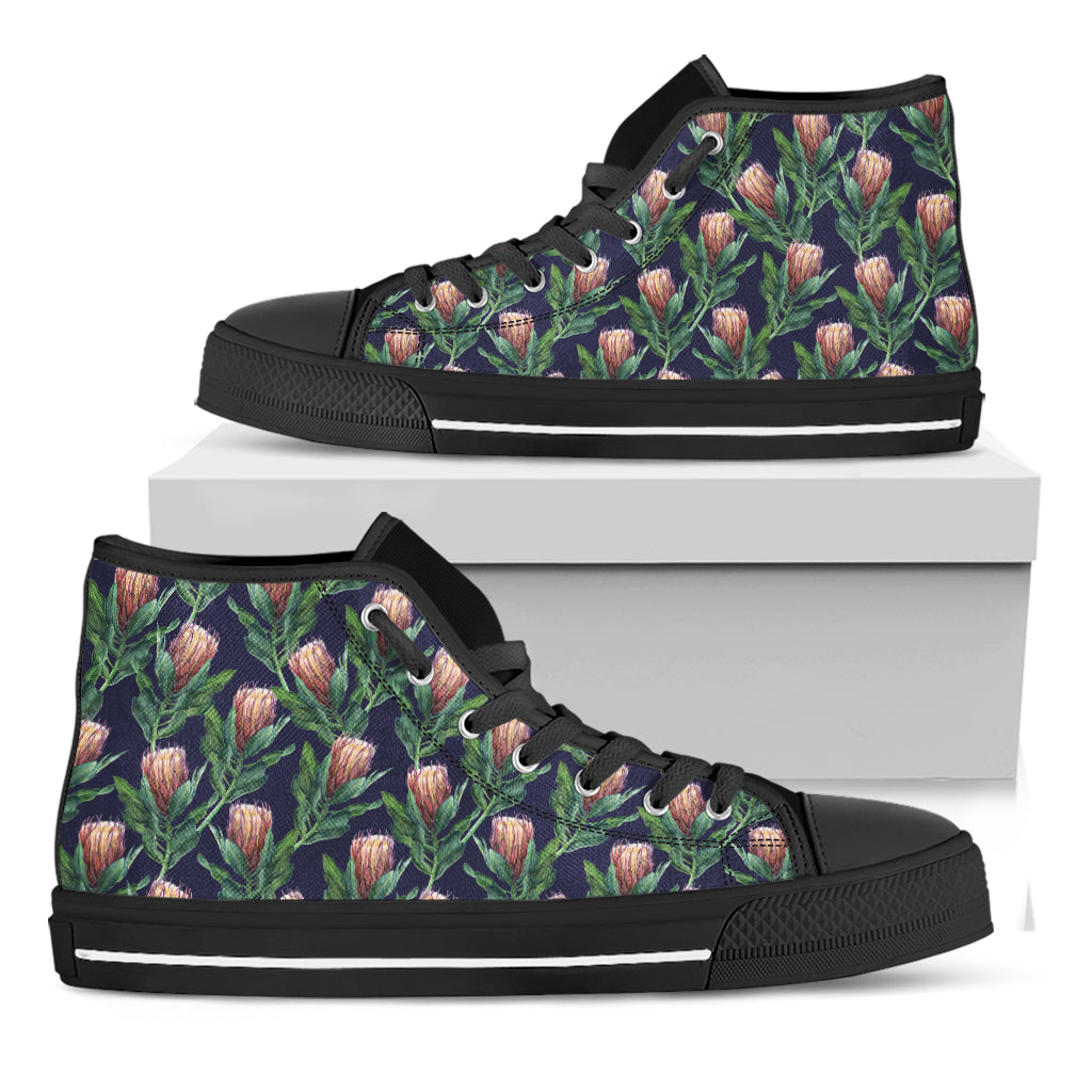 Watercolor Protea Pattern Print Black High Top Shoes