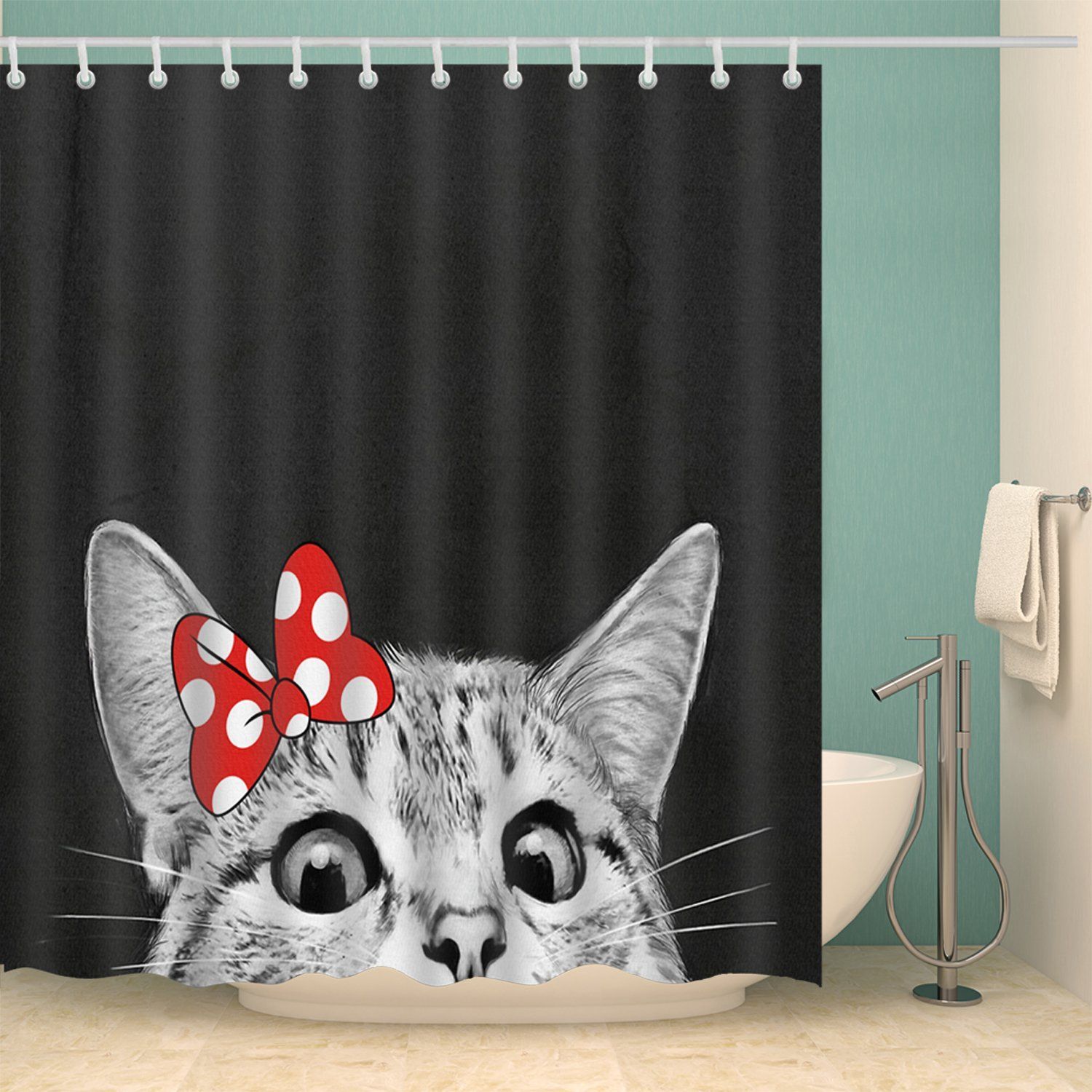 Cute Kitten With Bow Knot 3D Printed Shower Curtain Giving Cat Lovers