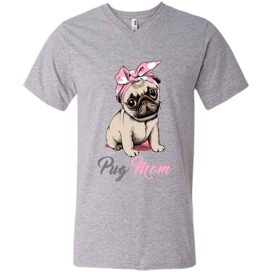 Mom Love Pink Bandana Puppy Pug in a Pink Headband – Canvas Unisex V-Neck Shirt