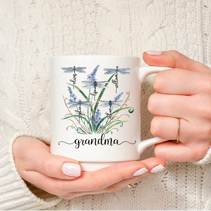 Personalized Grandma With Grandkids Dragonfly Clipart Classic Canvas, Gift For Mom, Grandma, Mother’S Day Shirt Mug