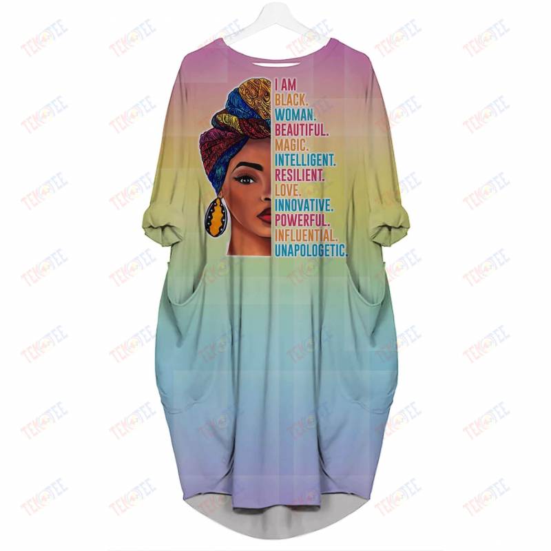 Temotee I Am Black Woman Beautiful Magic Intelligent 3D Pocket Dress Afro Girl Shirt African American Woman Gift Idea TMT4692