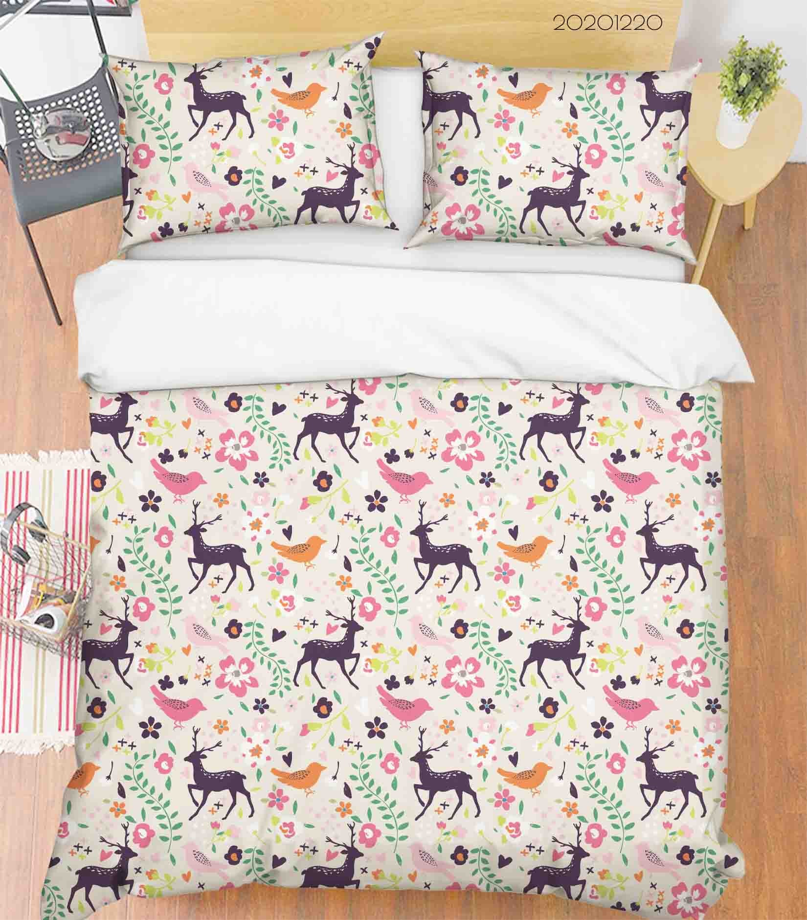 3D Hand Drawn Animal Elk Bird Floral Quilt Cover Set Bedding Set Duvet Cover Pillowcases 81