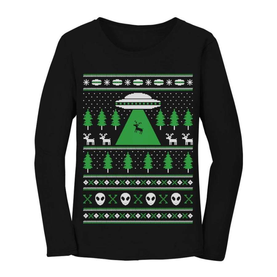 Alien Reindeer Abduction Ugly Christmas Sweater Women Long Sleeve T-Shirt