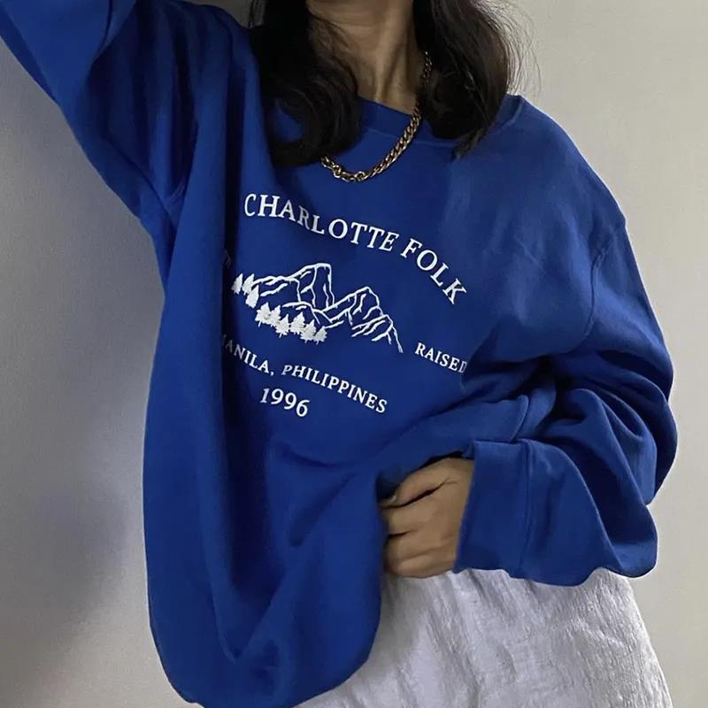 Streetwear Oversized Blue Vintage Designer Sweatshirt Women Long Sleeve Tops Korean Fashion Pullovers Autumn New Hip Hop Girl alx