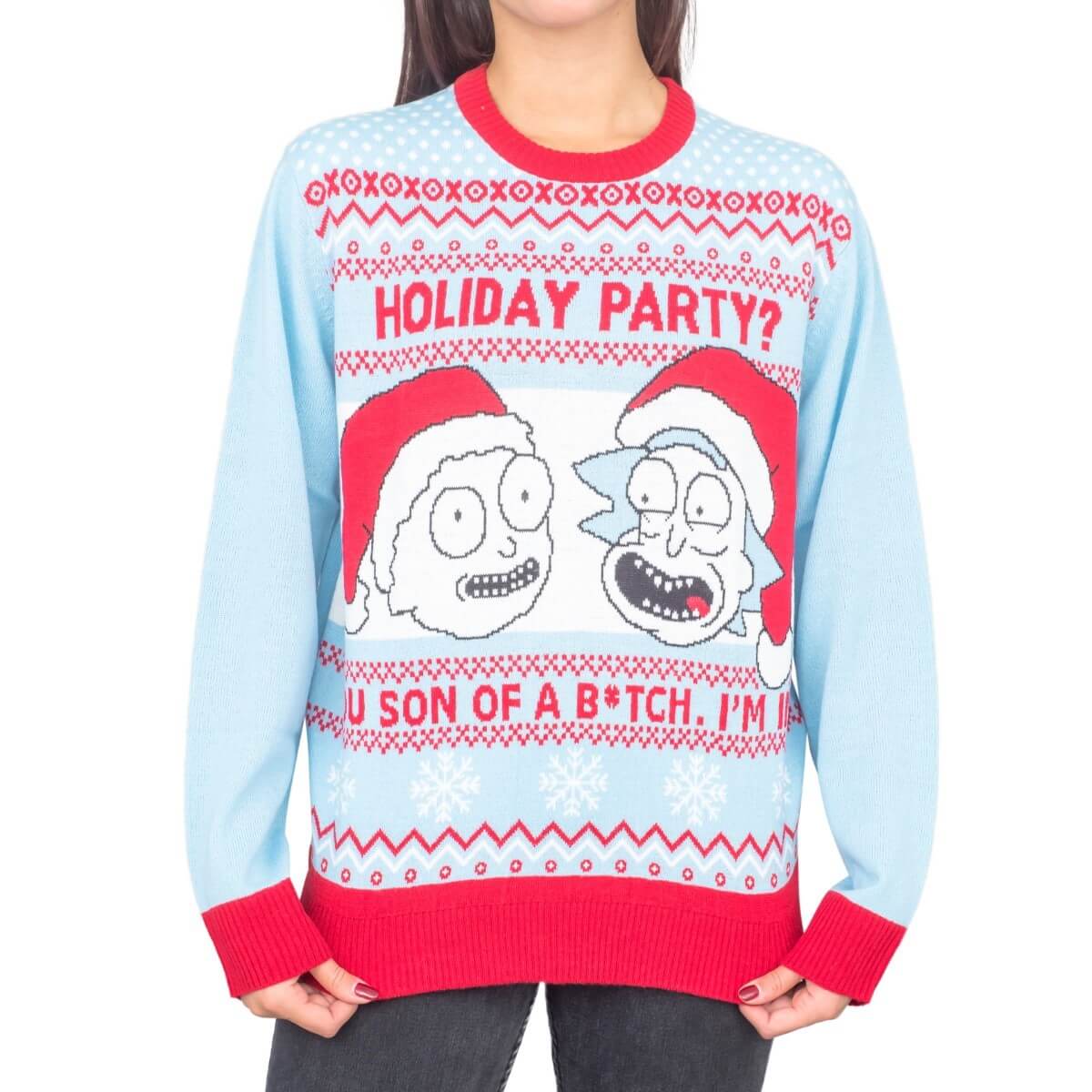 Womens’S Rick And Morty Holiday Party Light Blue Ugly Christmas Sweater