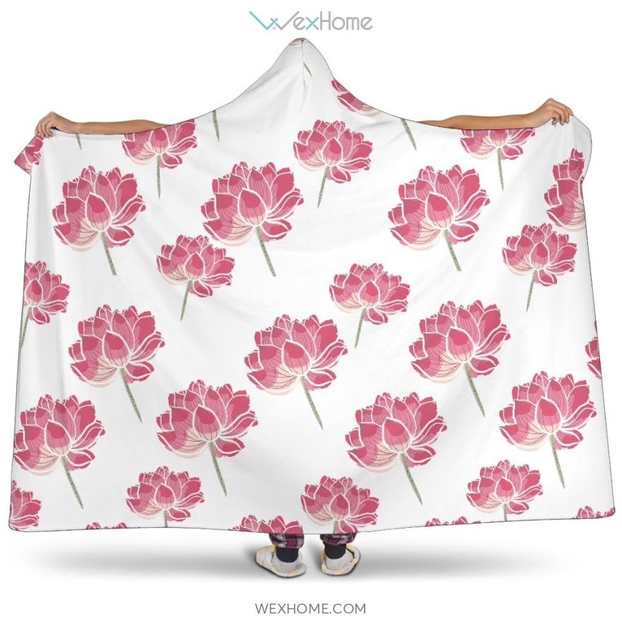 Pink Lotus Waterlily Pattern Hooded Blanket