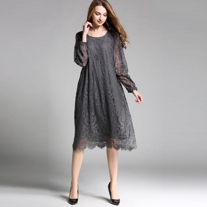 Spring Autumn New Fashion Loose Lace Dresses Long Sleeve Hollow Lace Elegant Dress O Neck High Waist Women’s Clothing Oversized alx