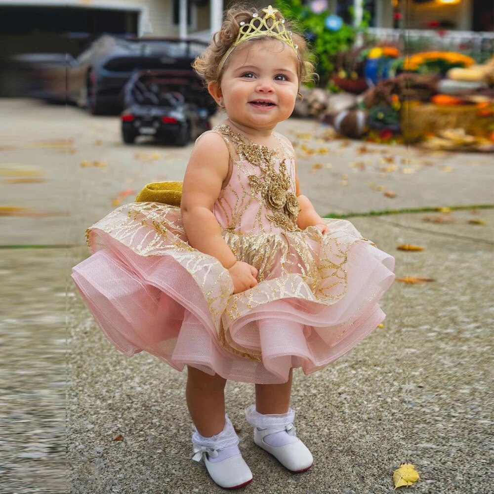 2022 Luxury Glitter Kids Party Dresses Layers Ball Gown Girl Princess Dress Flower Appliques Baby Girl Dress alx