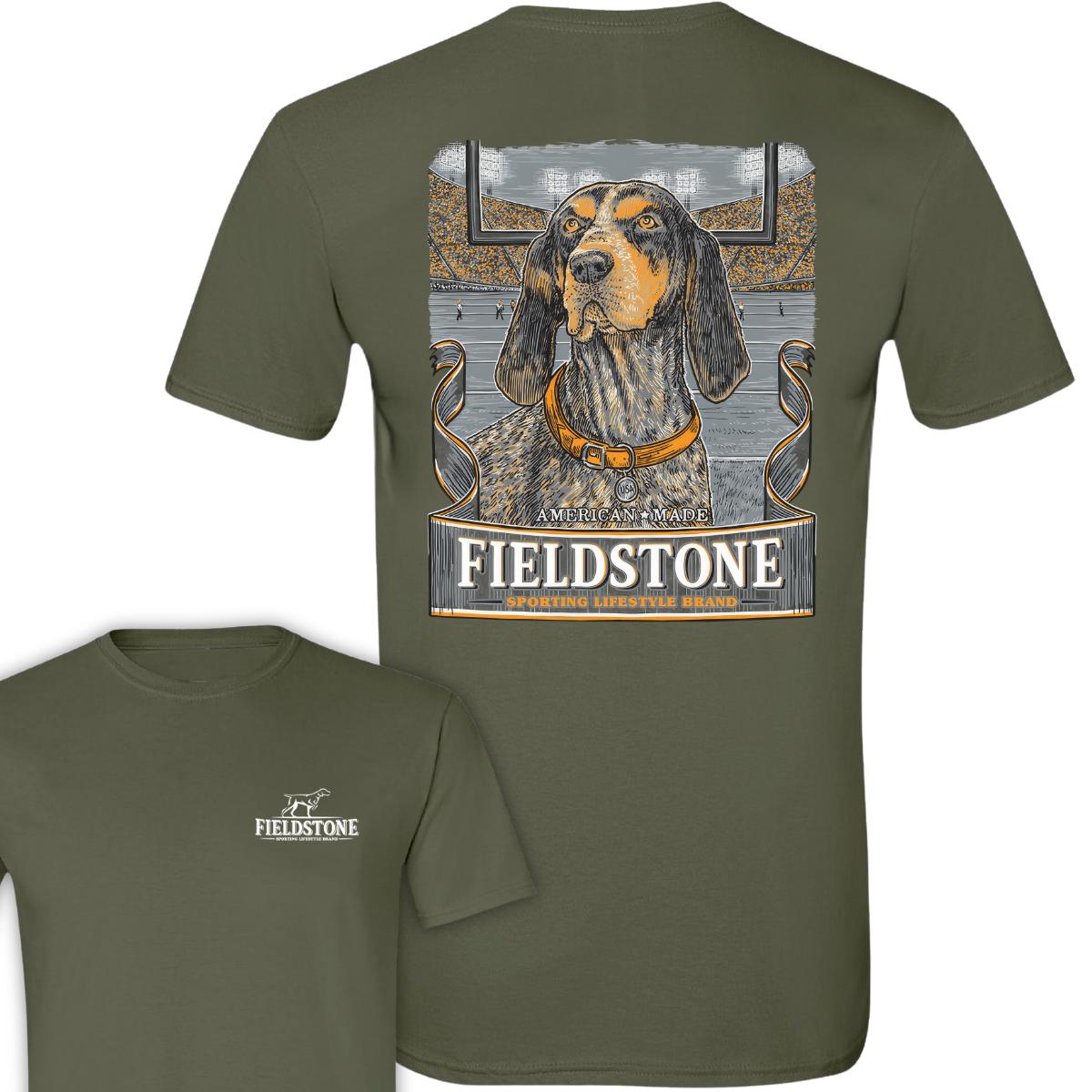 Fieldstone Sporting Lifestyle T-Shirt – Majestic Hound Dog Graphic With Stadium Background , Perfect For Dog Lovers And Outdoor Enthusiasts , Comfortable Daily Wear , Unisex Style , American-Made Design , Ideal Gift For Pet Owners Menswear Top Classic