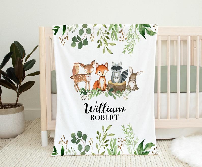 Woodland Baby Blanket, Personalized Baby Boy Blanket, Baby Name Blanket, Baby Shower Gift, Personalized Baby Gift, Woodland Animals Nursery