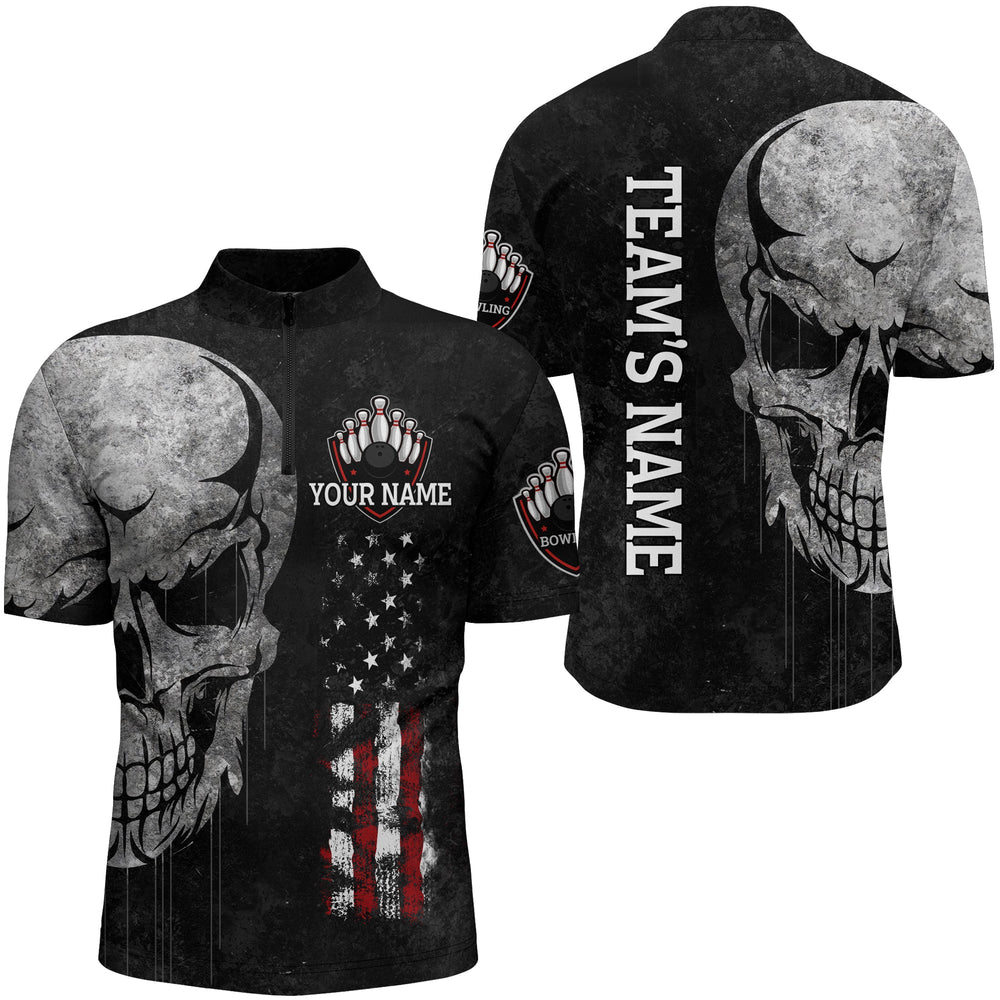 Men’S Skull Bowling Shirt Quarter-Zip, Patriotic Custom Name Men Bowlers Jersey American Flag