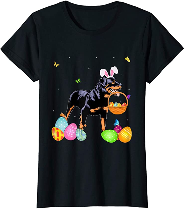 Womens Dog Mom Gift Cute Bunny Rottweiler Eggs Easter Day T-Shirt