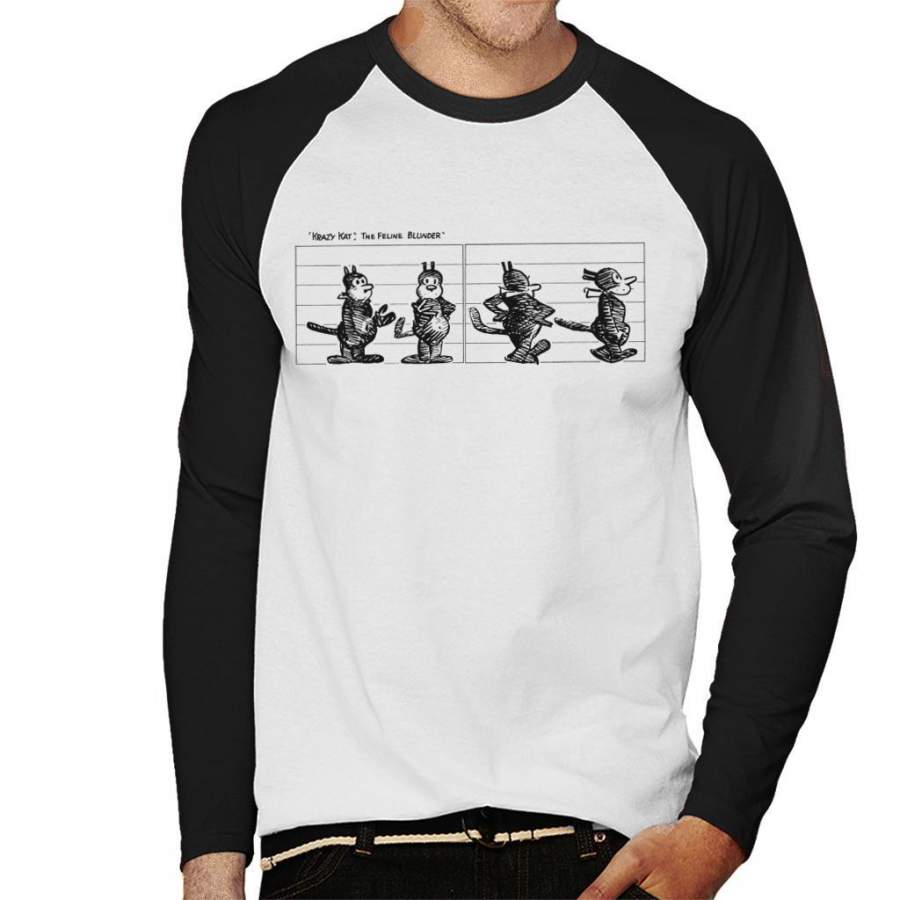 Krazy Kat Lineup Feline Blunder Men’s Baseball Long Sleeved T-Shirt