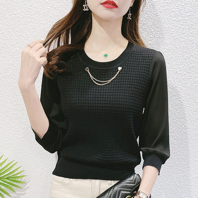 Spring Autumn Round Neck Chain Chiffon Knitting Patchwork Pullover Top Women 3/4 Sleeve All- Match Solid Sweater Female Clothes alx